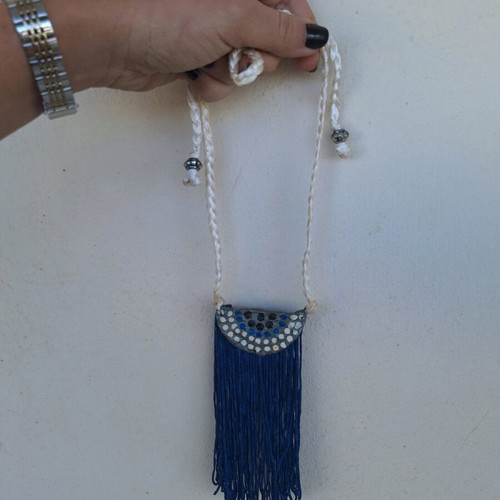 Long necklace with fringes handmade made to order, gray and blue