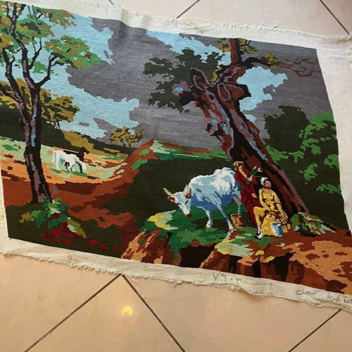 Handmade textile painting used, 0.83x0.58 m