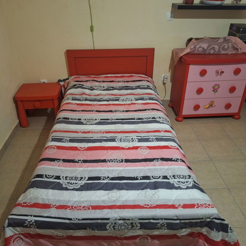 Furniture set with two single beds, mattresses, two nightstands, dresser and extendable kitchen table with 6 chairs