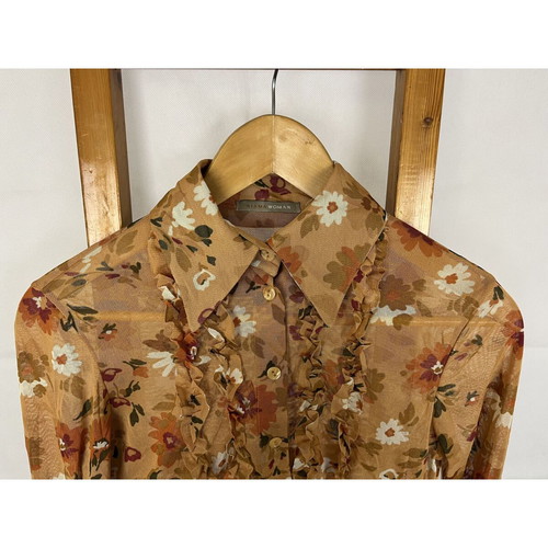 Vintage sheer shirt with floral design and ruffle, like new, brown