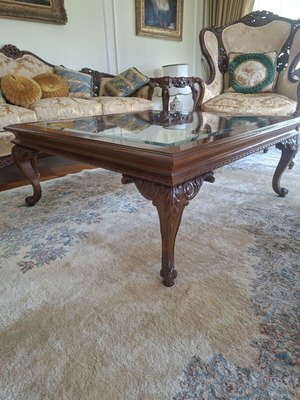 Coffee table used, carved solid walnut wood with glass top Louis XV style