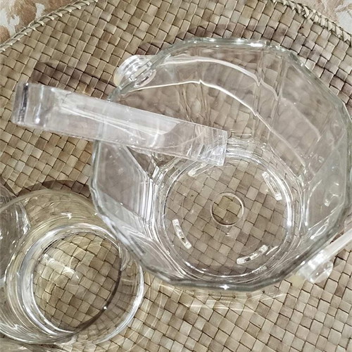 Sasaki glass ice container and 3 used whiskey glasses