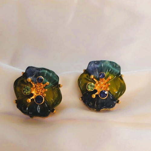 Earrings new blue and green resin flower in gift box