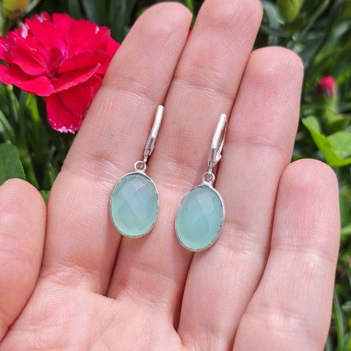 Silver Earrings with Aquamarine Chalcedony New