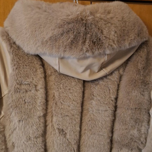 Women's Jacket with Faux Fur and Leatherette Sleeves, Like New, Beige
