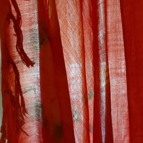 Women's boho beach pareo like new, red viscose fabric with fringes