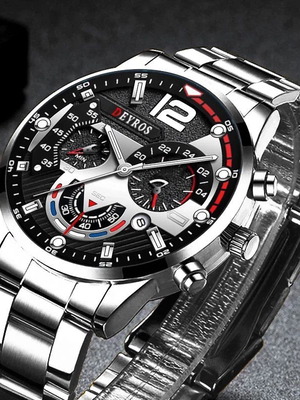 Deyros men's wristwatch new stainless steel black dial luminous calendar