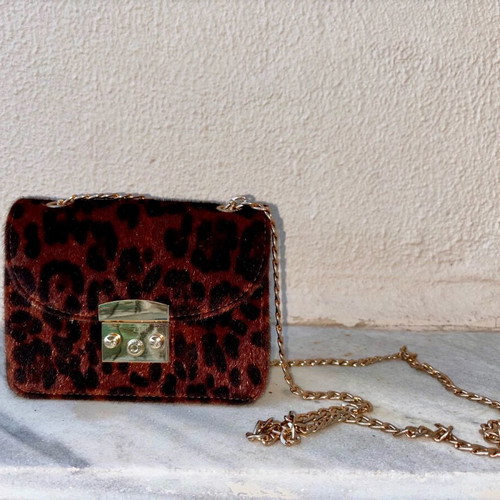 Bag formal leopard plush new, brown with gold chain