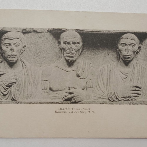 Postcard used with marble Roman tomb relief 1st century BC
