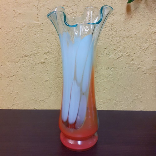 Glass vase used, vintage artistic blown glass with white and orange colors