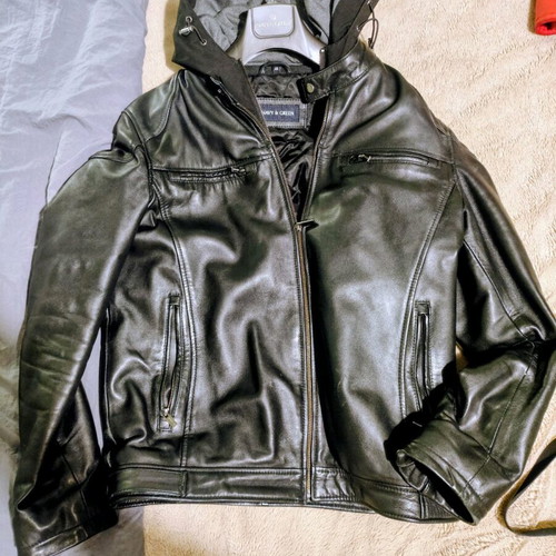 Navy & Green leather jacket like new, size 48 with detachable hood