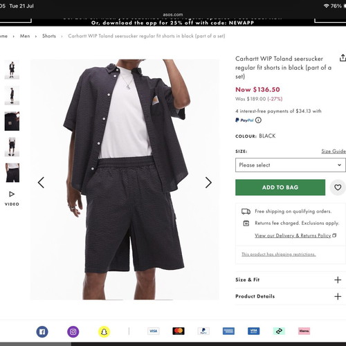 Carhartt WIP Toland Shorts XL like new, black-grey stripes, 100% cotton