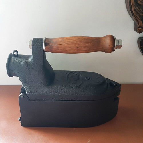 Large vintage charcoal iron "tailor's" with wooden handle