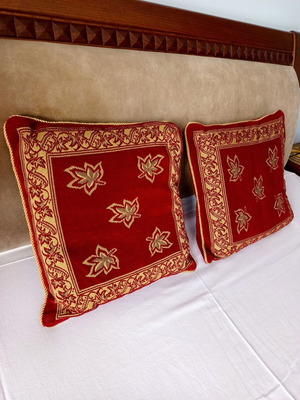 Vintage decorative pillows set of 2 used, embossed velvet, gold cord