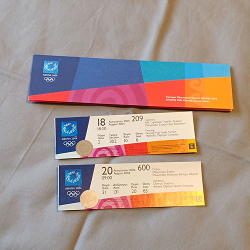 Athens 2004 Olympic tickets used, athletics and fencing with case