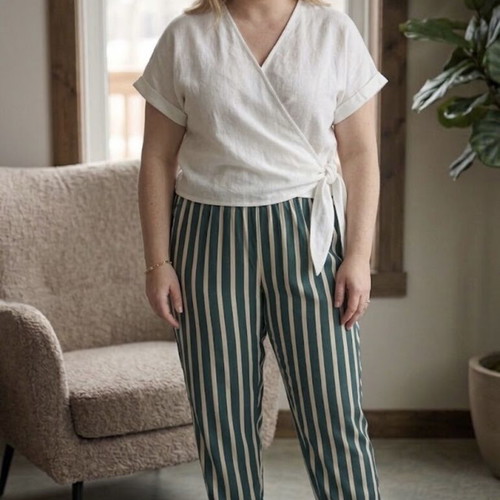 Zizzi women's striped emerald green and cream trousers