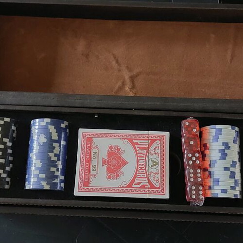 Leather bottle holder new with playing cards, dice and chips