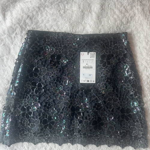 Zara Anthracite Grey Sequin Knit Mini Skirt Size S New