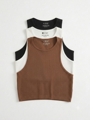 Ribbed cropped tops new, 3 pack fitted