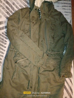 Parka jacket used, size large, khaki with off White fur