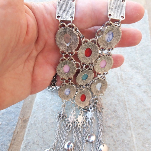 Boho long necklace silver with multicolor cabochons like new
