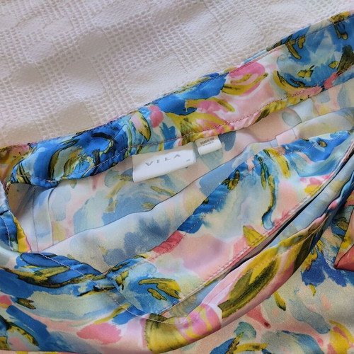 Vila satin floral midi skirt like new, small medium, pink multicolor