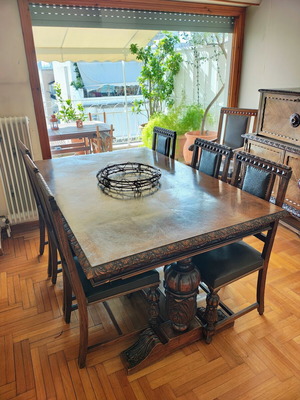 Old table with chairs used, set