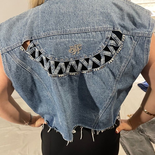 Vintage Bianca Maria Caselli denim vest crop with rhinestones pearls, like new, L