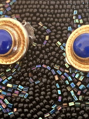 Vintage handmade silver and gold clip earrings with lapis lazuli, like new