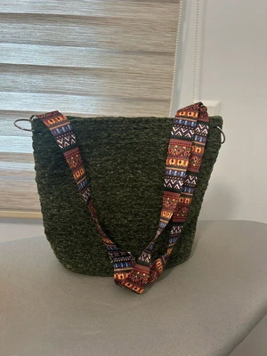 Handmade crossbody bag like new, dark green with colorful ethnic strap
