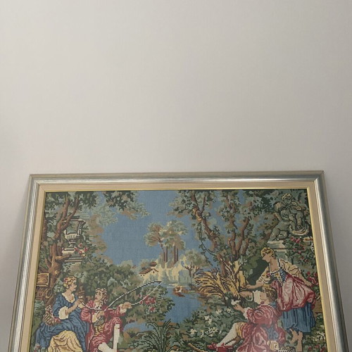 Gobelin tapestry painting 90x65cm, handmade, romantic French countryside scene