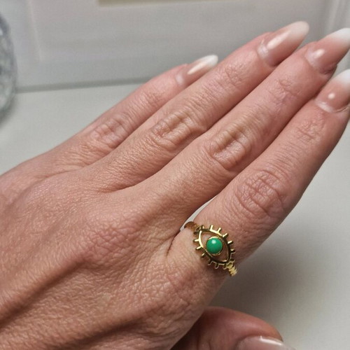 Stainless Steel Eye Ring with Enamel in Gold and Green