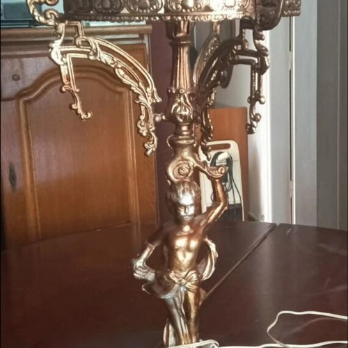Vintage brass table lamp with angel and opaline glass, used