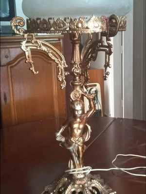 Vintage brass table lamp with angel and opaline glass, used