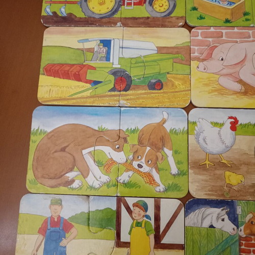 Educational set of 9 mini puzzles used, farm animals
