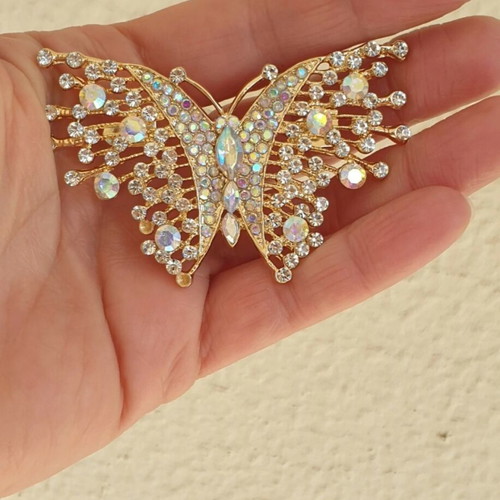 Vintage 70ies butterfly pin with sparkling zircon stones like new, gold color