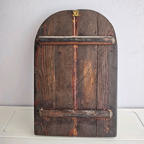Arched wooden icon Saint George used, Byzantine replica with artificial aging