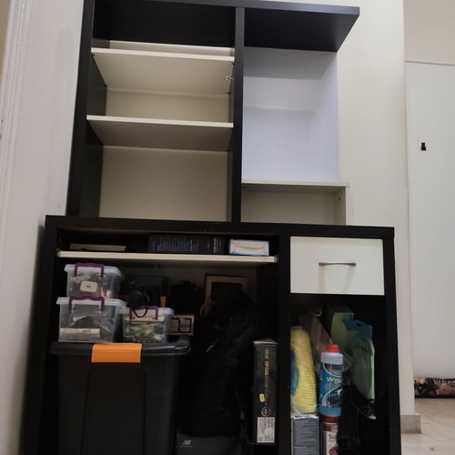 Bookcase used, black color with shelves and drawer