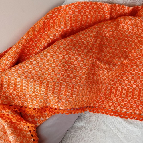 Handwoven caramel blanket with lace, like new