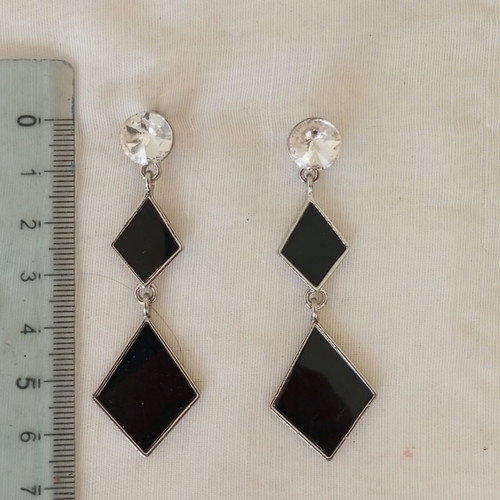 Geometric dangle earrings with black elements and rhinestones, new