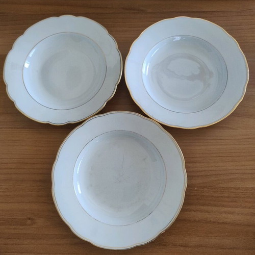 Soup plates set used, 3 pieces with gold details, Bavarian porcelain