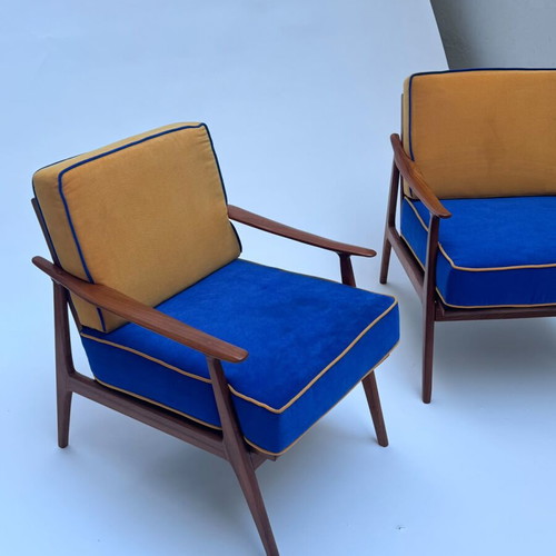Mid century lounge chairs, pair of 2, refurbished finish