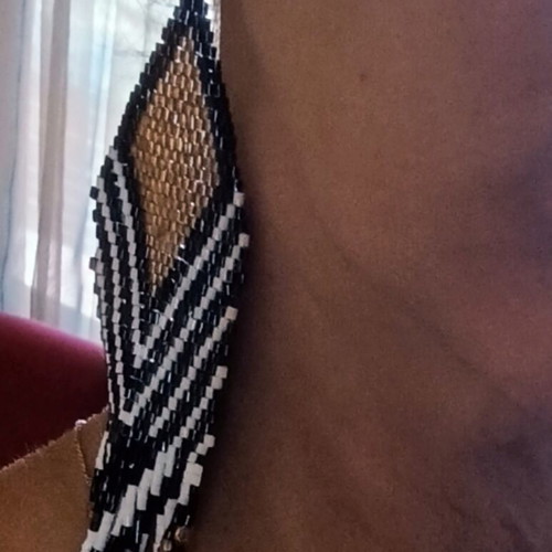 Ethnic long earrings black, white and gold rice beads, new