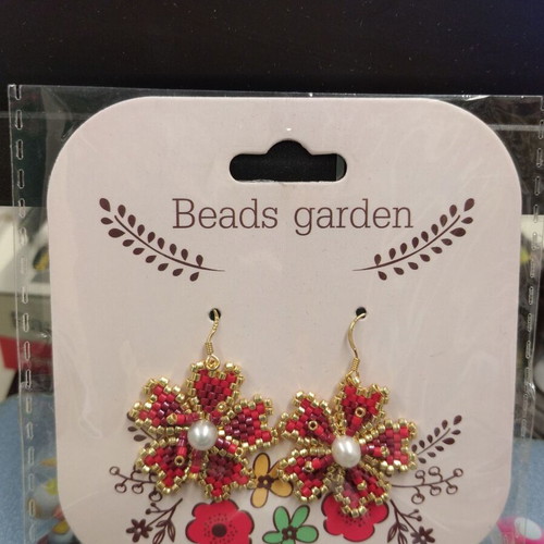 Handmade flower earrings red and gold, new