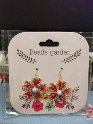 Handmade flower earrings red and gold, new