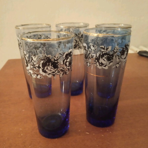 Vintage glasses used, blue with flowers and gold, set of 5