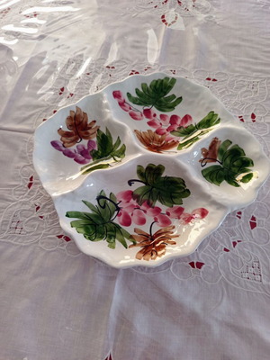 Vintage ceramic serving platter 4 sections used, hand-painted grapes