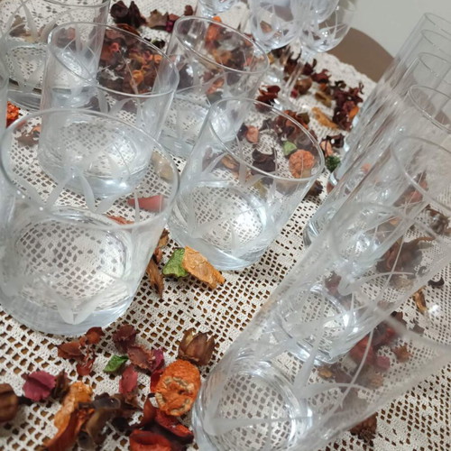 Glasses set like new with water, wine, and liqueur designs, 6 each