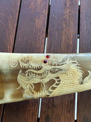 Buffalo horn with handmade dragon carving like new