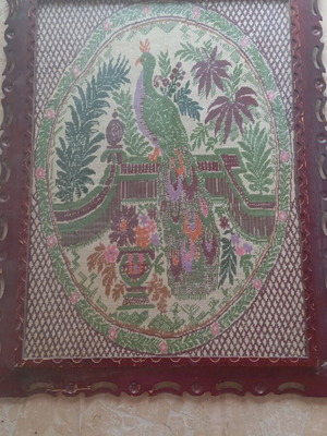 Large Handmade Embroidery Frame with Wooden Heavy Frame, Like New, Peacock